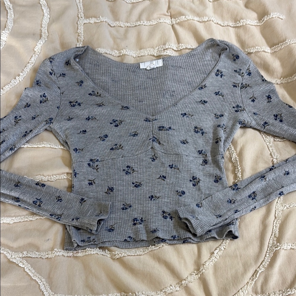 Tilly's Blue & Gray Fitted Crop Blouse